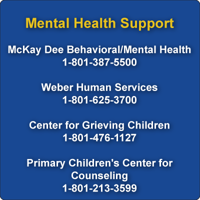 Mental Health Support  McKay Dee Behavioral/Mental Health 1-801-387-5500  Weber Human Services 1-801-625-3700   Center for Grieving Children 1-801-476-1127   Primary Children's Center for Counseling 1-801-213-3599