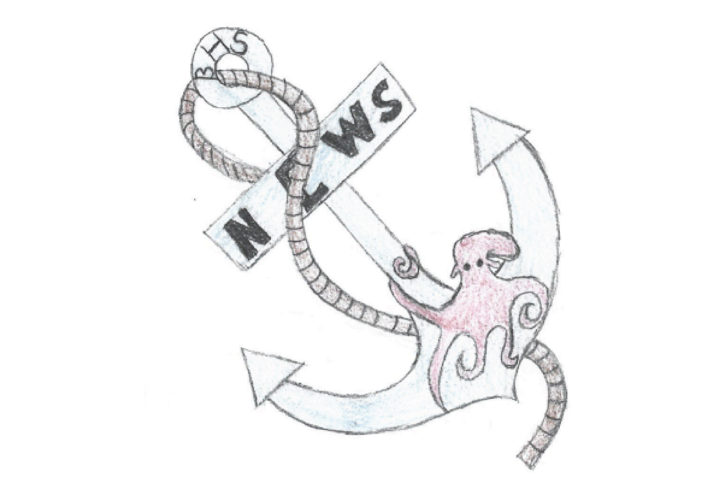 School Paper Logo: Drawing of students gathered aroung a newspaper that says Anchor News