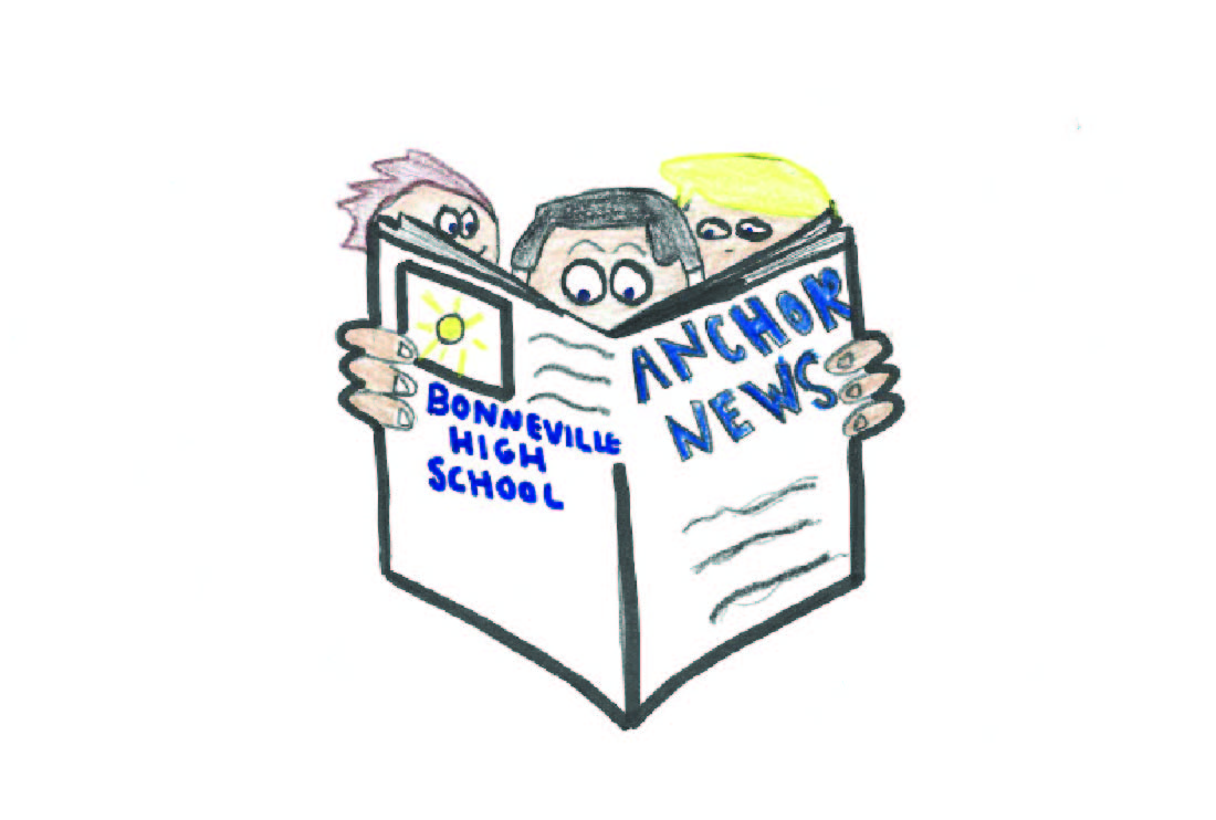 School Paper Logo: Drawing of students gathered aroung a newspaper that says Anchor News