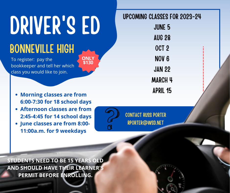 Drivers Education Dates 2023-2024, June 5, August 28, October 2, November 6, January 22, March 4, April 15